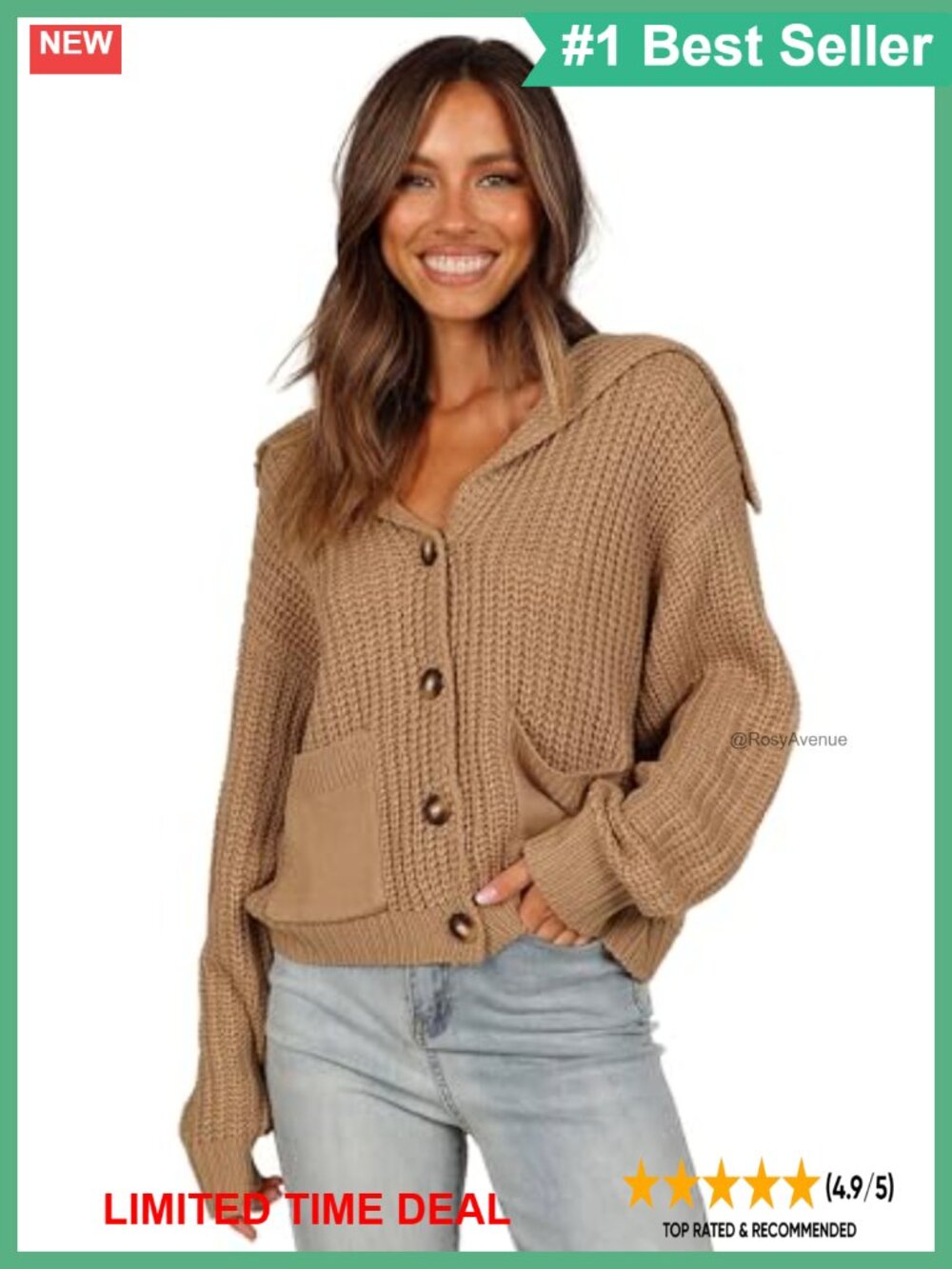 Oversize Collar Button Front Cardigan Ribbed Cuffs Pockets